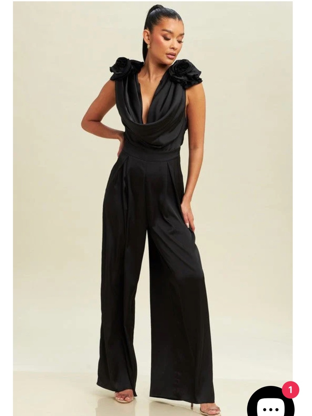 NWT Petal and Pup Larissa Black Satin Jumpsuit with Rosette Shoulders Size L